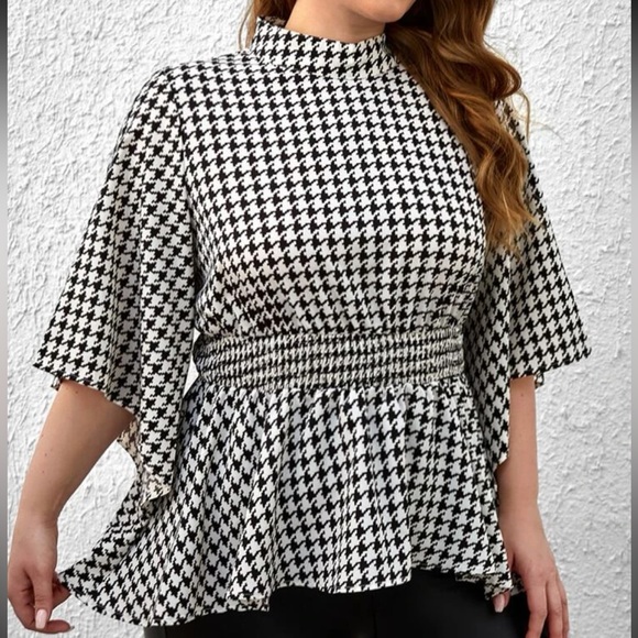 Classic Plus Size Houndstooth Print Mock Neck Peplum Top Blouse Shirt - Picture 5 of 5